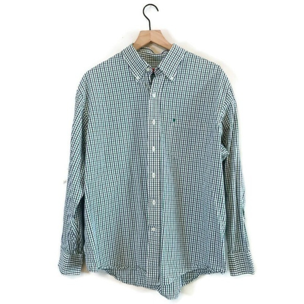 Izod Blue Green White Plaid Button Up Long Sleeve Collared Shirt Men’s Large